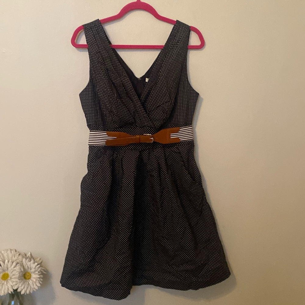 Corey P Sleeveless Polka Dot Pleated Dress with Pockets + Belt [Size: 14]